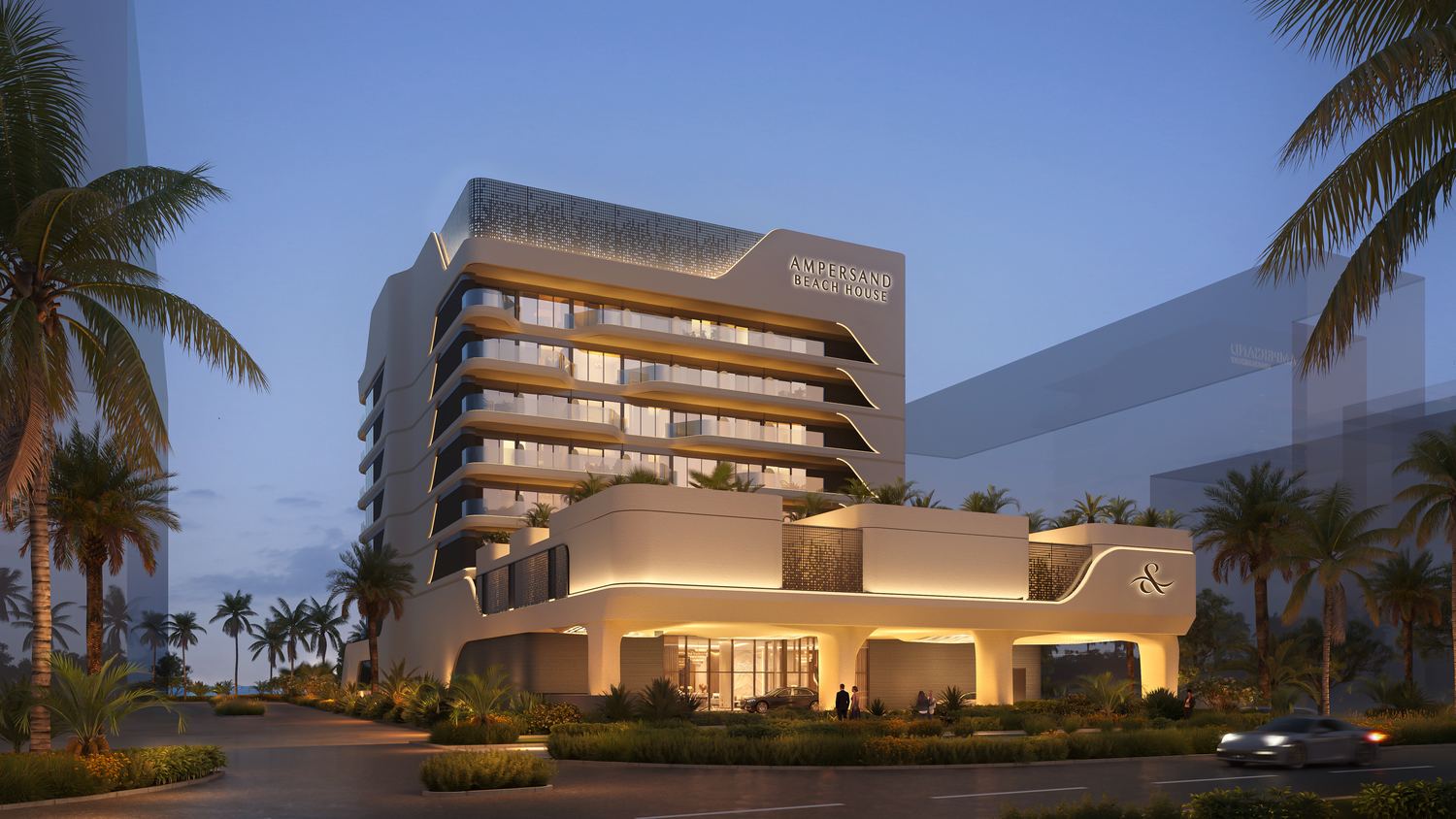 Ampersand Beach House, Dubai Islands — the arrival elevation at dusk