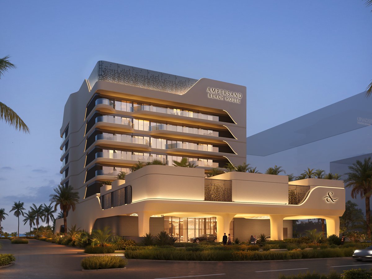 Ampersand Beach House, Dubai Islands — the arrival elevation at dusk