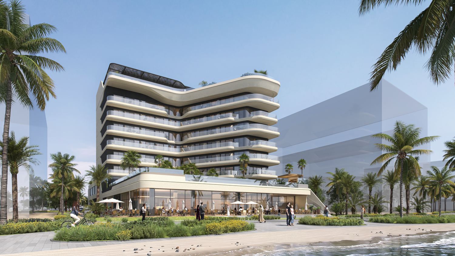 Ampersand Beach House, Dubai Islands — the beachfront terrace by day
