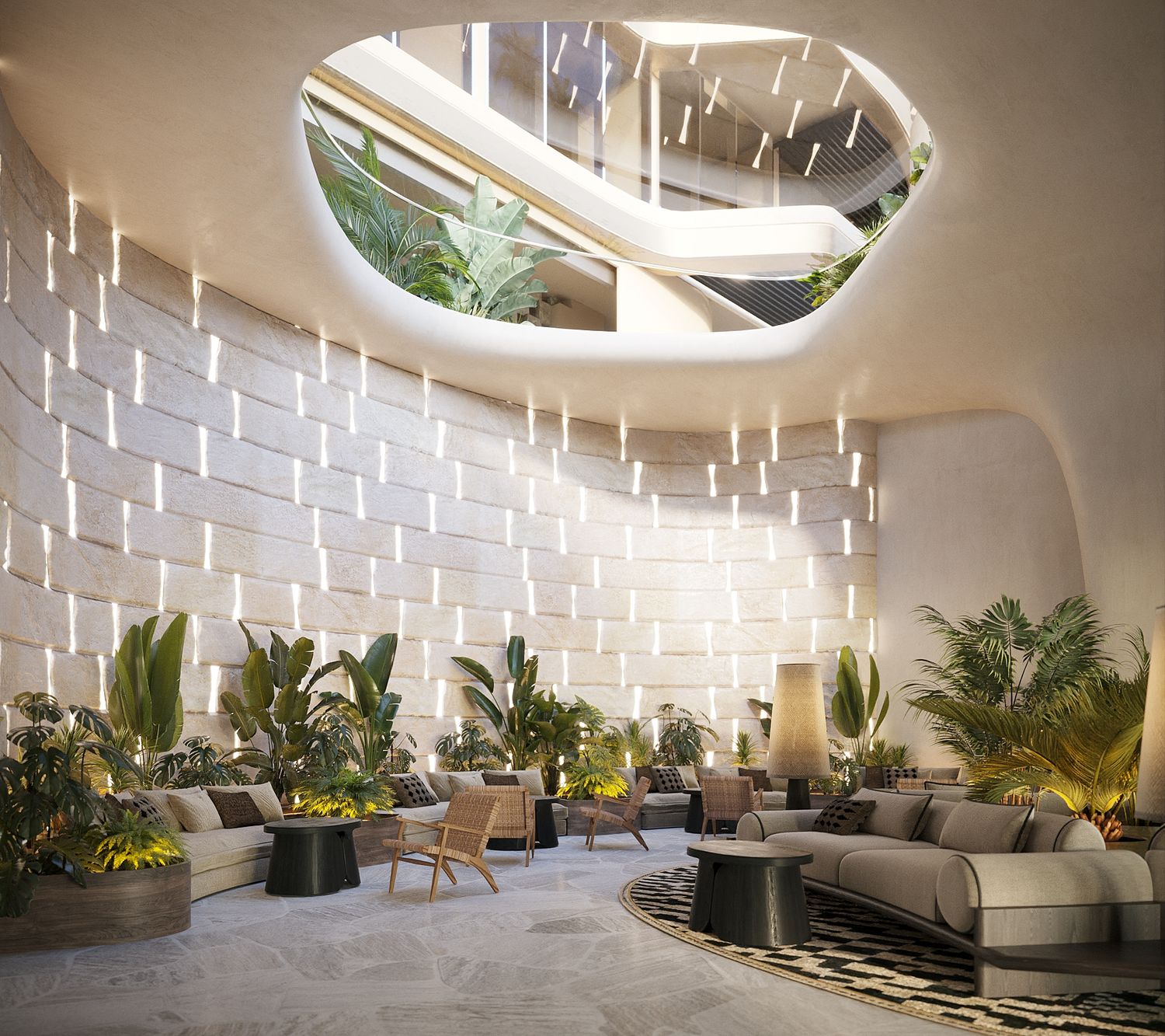 Ampersand Beach House, Dubai Islands — the double-height atrium above the lobby