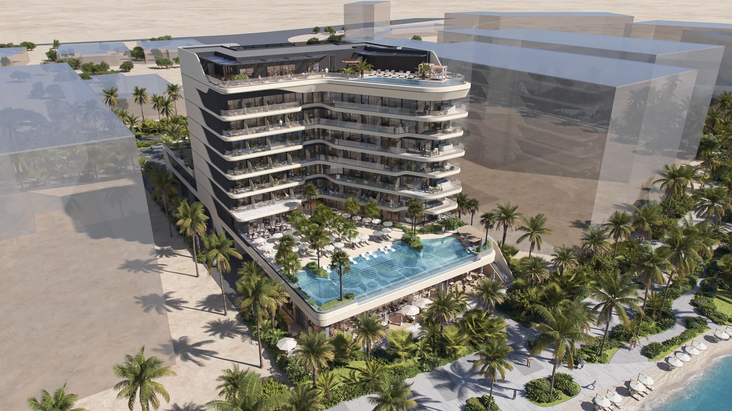 Ampersand Beach House, Dubai Islands — the pool deck from above
