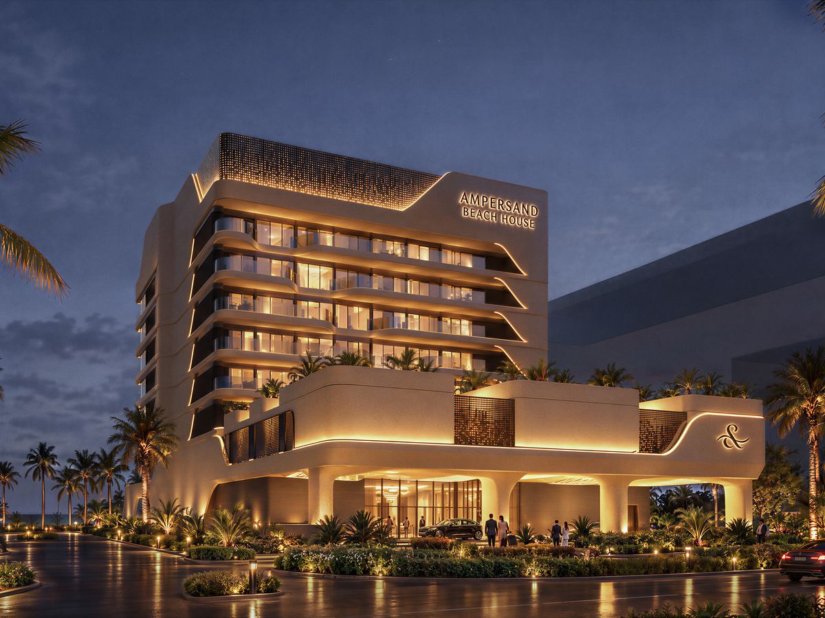 Ampersand Beach House, Dubai Islands — the street elevation and arrival at dusk