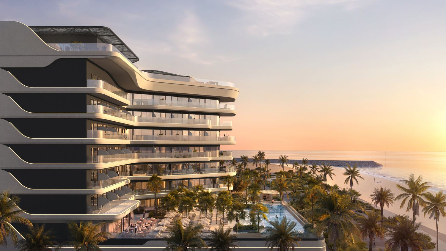 Ampersand Beach House, the beachfront elevation at sunset