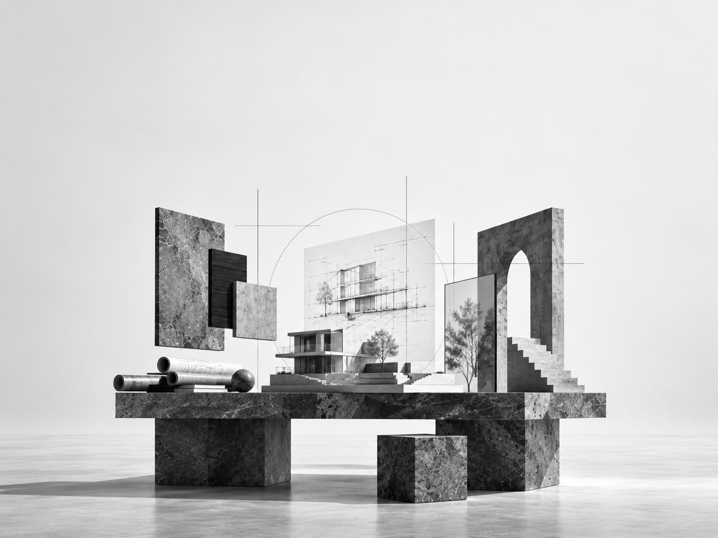 NOUMA — model, drawings and material samples on a stone table
