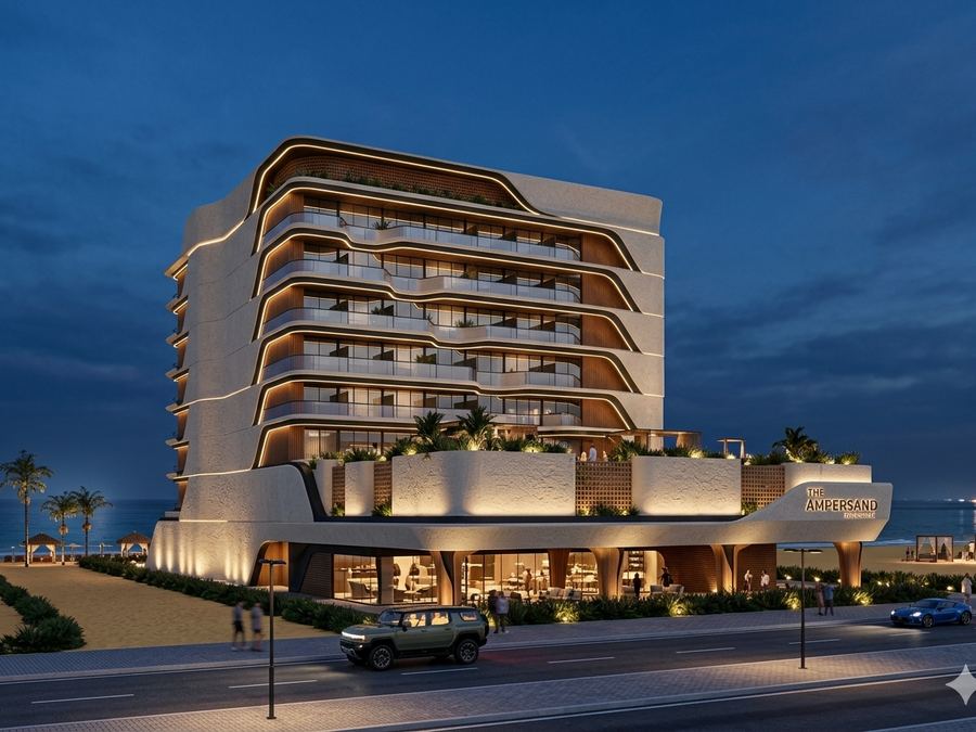 The Ampersand Residences, Dubai Islands — beachfront elevation at dusk